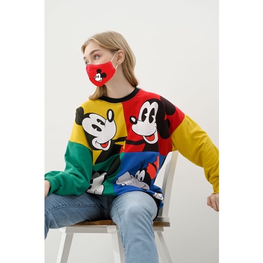 Sweater Wanita tangan panjang Print Mickey Color Block Free masker