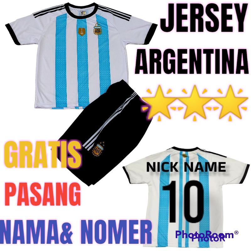 SETELAN BAJU BOLA ARGENTINA PIALA DUNIA QATAR 2022UMUR 5-12THN GRATIS SABLON NAMA