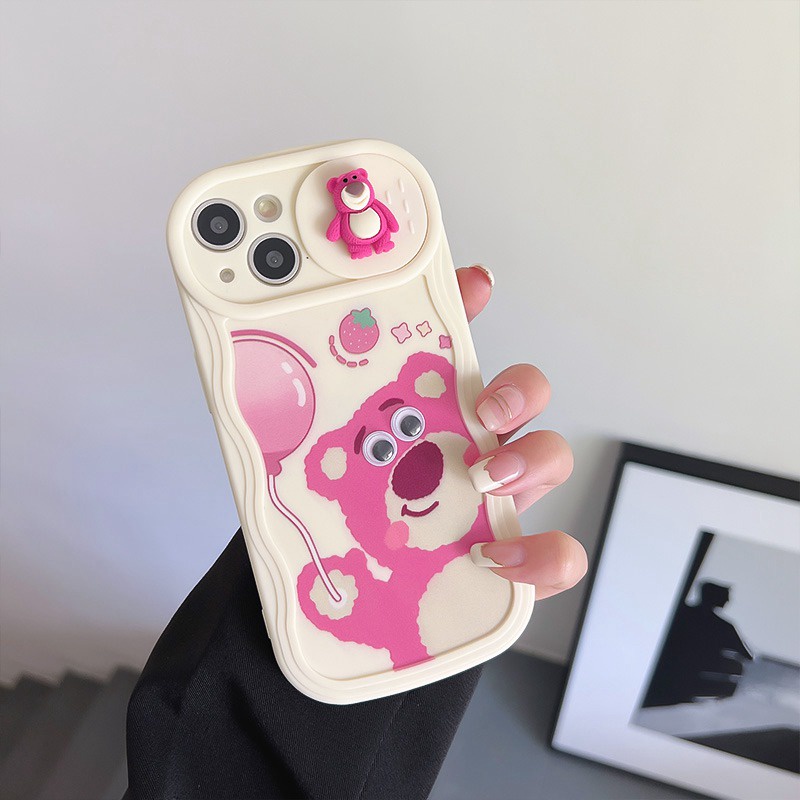 Cute Strawberry Bear Doll Push The Window Cover Soft Case iP iPhone 11 12 13 14 Pro Max + Plus Wavy Casing Apple