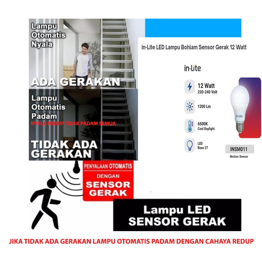 Inlite Lampu Bohlam LED Sensor Gerak 12 Watt Cahaya Putih