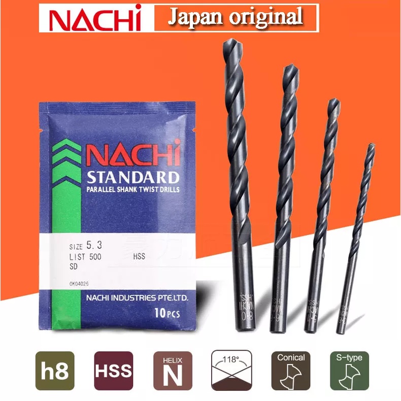 NACHI Mata Bor Besi HSS Asli 3 3.5 4 4.5 5 6 8 mm HSS Straight Shank Drill (ORIGINAL 100%) HARGA PER 1 pcs