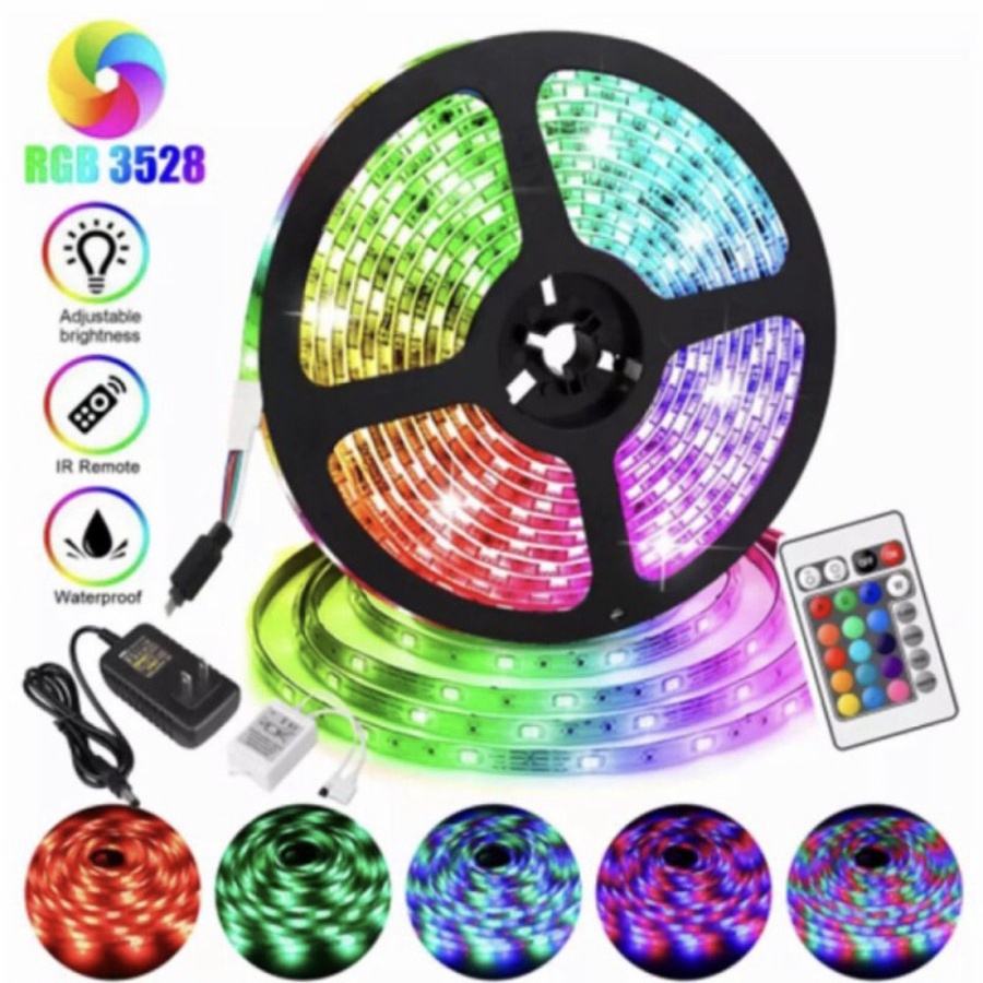 Lampu Strip LED Warna Warni RGB 5 MTR IP44 3528 Komplit Adaptor Remote