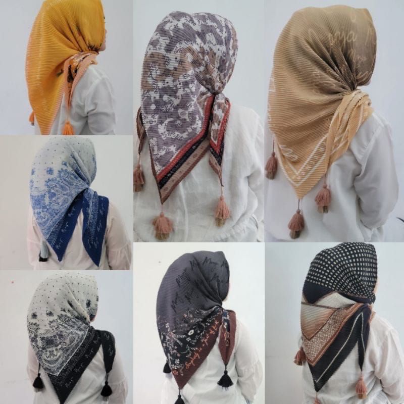 100ribu 5pcs hijab segiempat pliskit motif tassel pompom