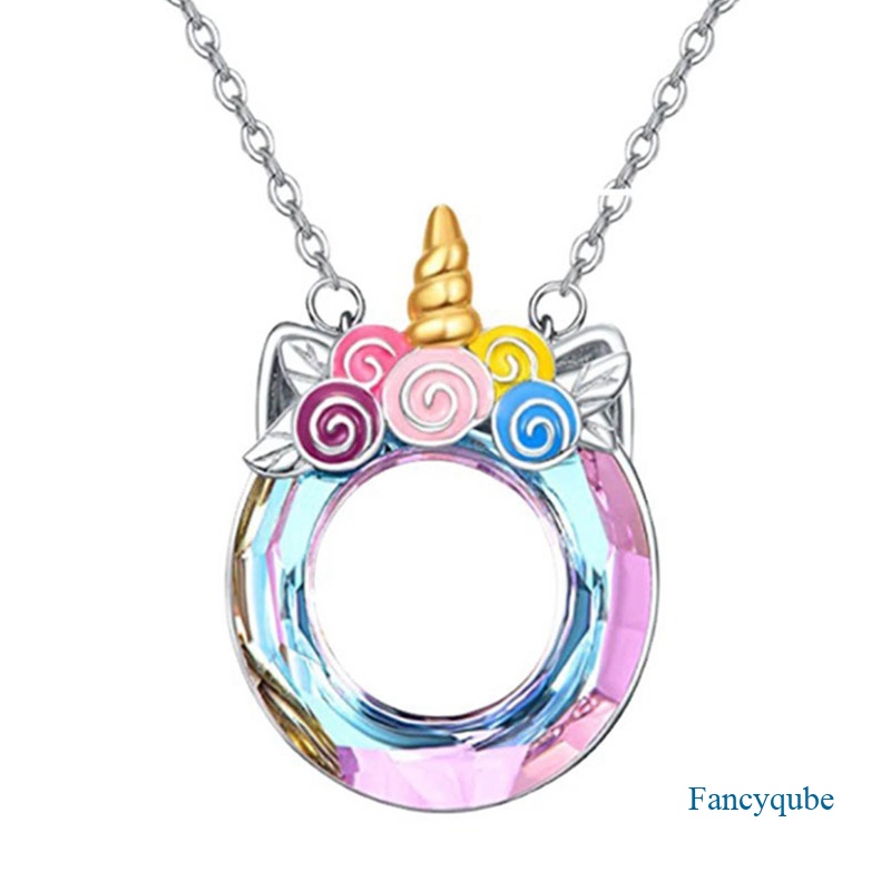 Lucu Kartun Warna-Warni Kristal Unicorn Liontin Kalung Wanita Fashion Pendapatan Perhiasan Hadiah Pesta Ulang Tahun Anniversary