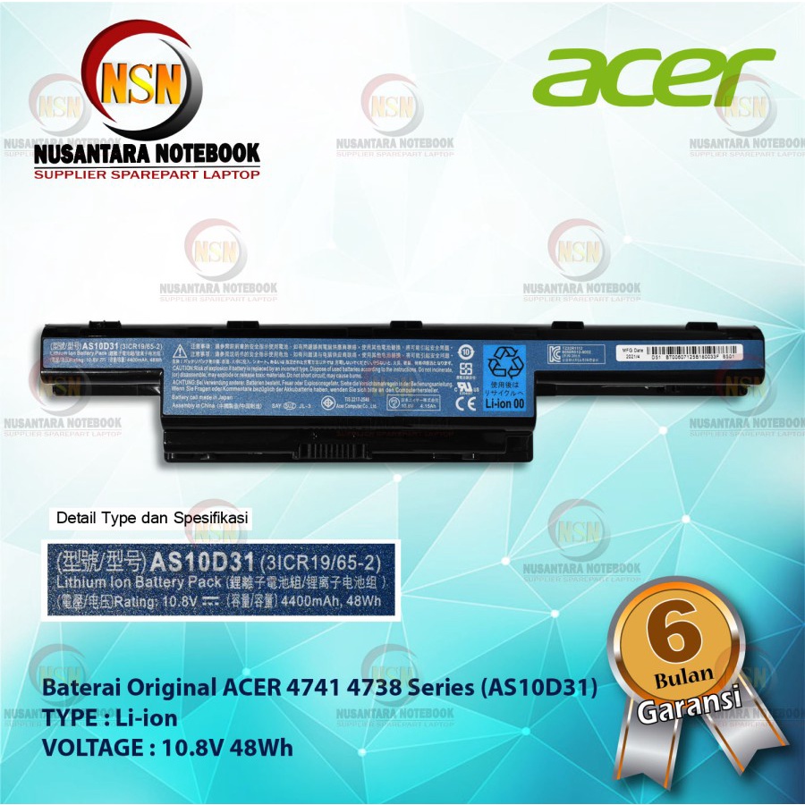 Baterai Original Acer AS10D41 For Laptop Series 4738 4741 4750 5560