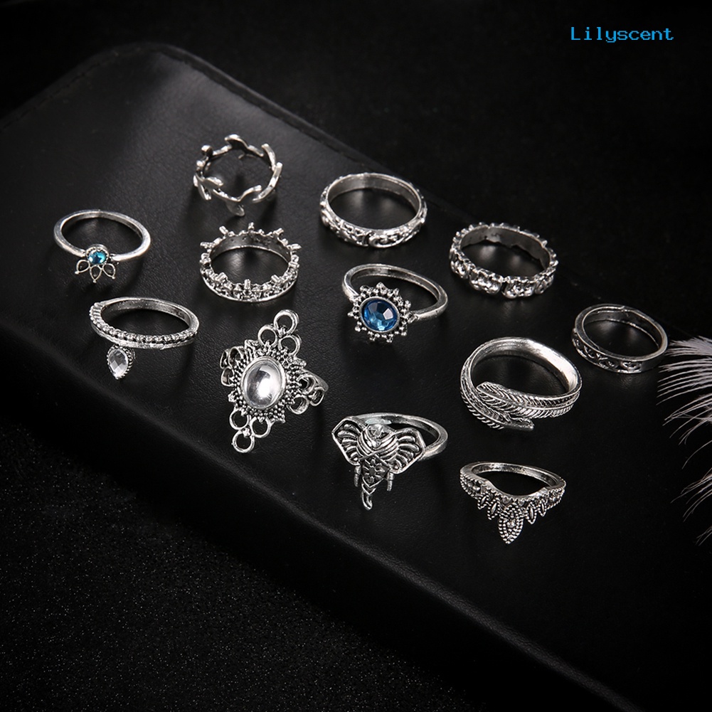 [LS]12Pcs Wanita Vintage Boho Faux Gemstone Rhinestone Perhiasan Berlian Imitasi Knuckle Susun Rings