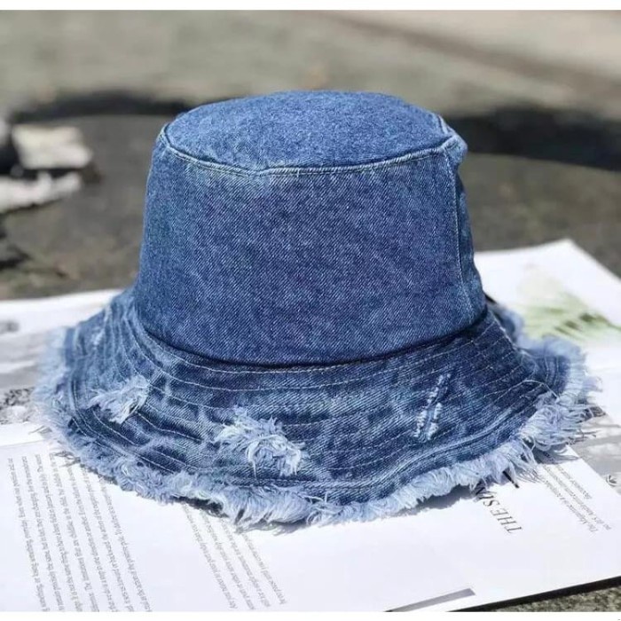Terbaru Bucket Hat Ripped End Topi Bucket Hat Rawis Rumbai Jeans Wanita Aneka