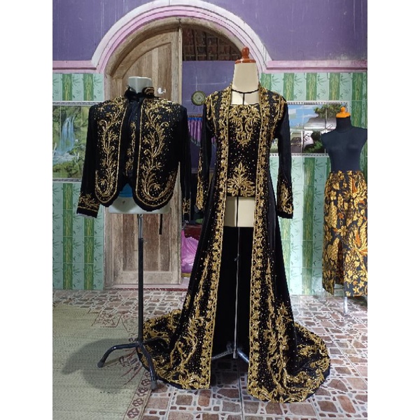 couple kebaya dan beskap bludru pengantin/couple bludru full  payet jepang