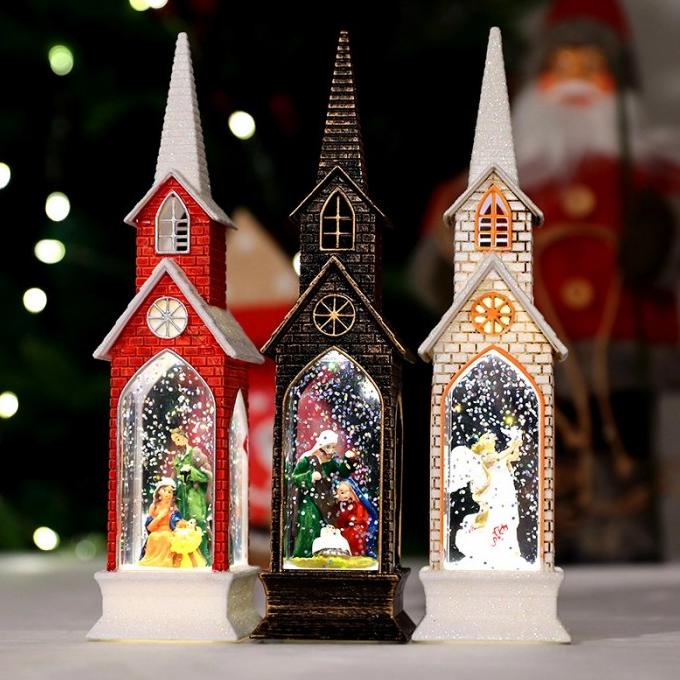 Pajangan Natal Lentera LED Snowglobe Kotak Salju Kado Gereja Katedral