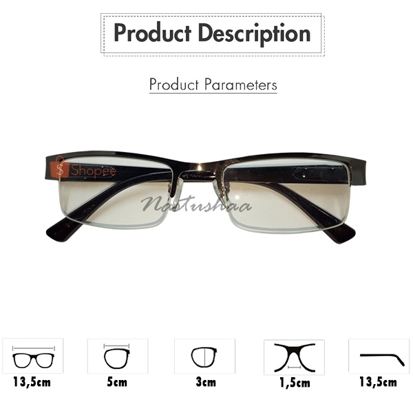 KACAMATA BACA (+) Uk. +1.00 s/d +3.00 Lensa Blueray Transparan Model Semi Rimless Hitam Unisex NOCASE