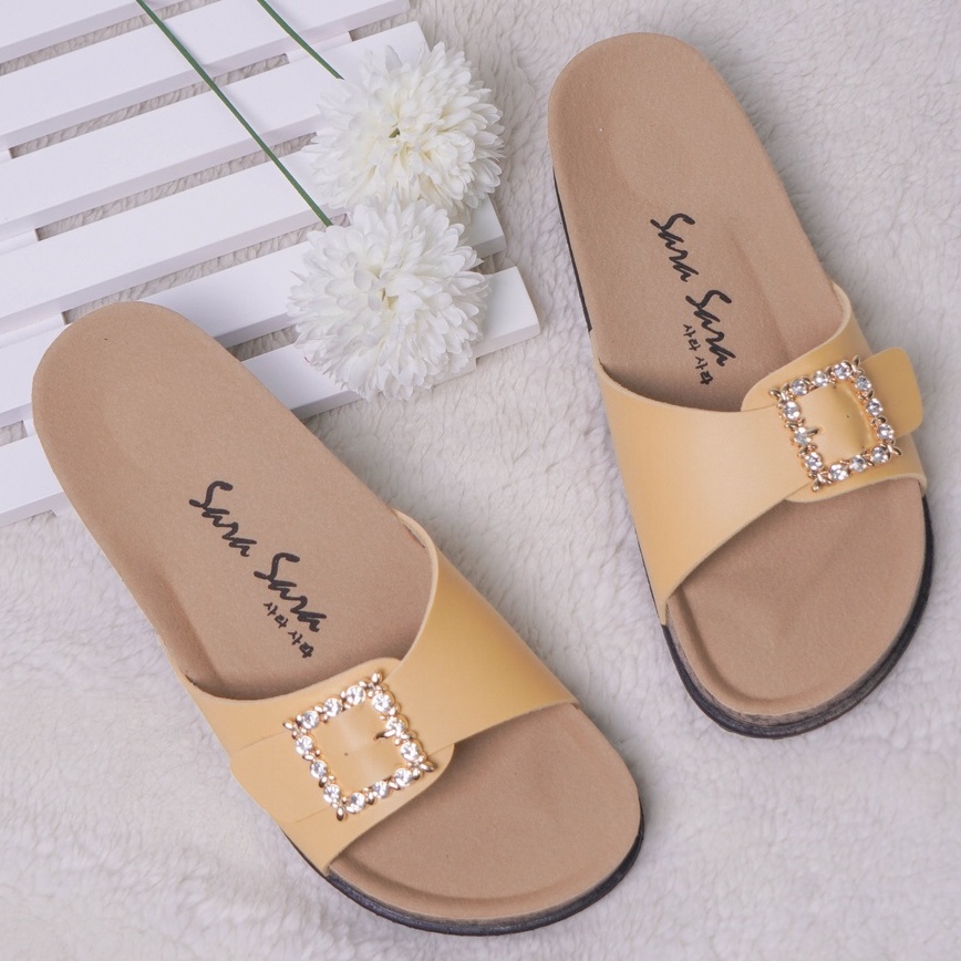 SARASARA YUK - TIMMY Sandal Wanita Slop Casual Size 36 - 41 Model Birken Sol Puyuh Sara Sara Sendal Cewek Kulit Santai Rumahan Strap Gesper 1 Kristal Blink Empuk 37 38 39 40 Warna Yellow Kuning Soft Selop Anti Slip Original Shoes ORI Mall Official Store