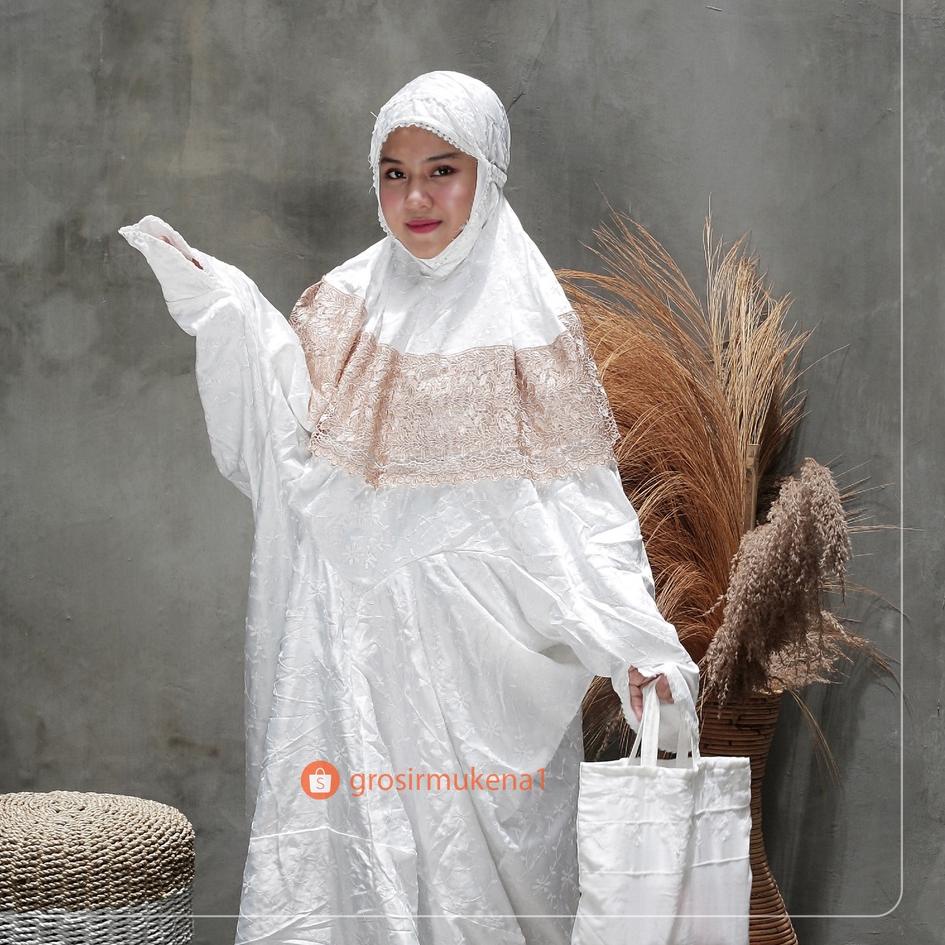 ㊡ Mukena terusan mukena sutra Jepang prada mukena bordir putih renda coklat Swarovski sambung jumbo 