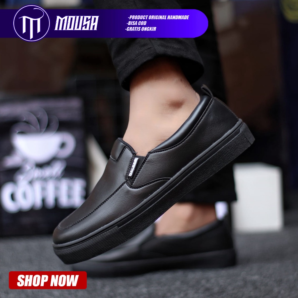 Sepatu Pria Slip On Formal Hitam Kulit Pu Slop Casual Kasual Cowok / Cowo Kerja Kantor Mousa Albd