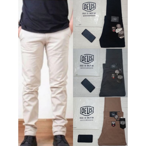 DEUS  CELANA PANJANG CHINO PRIA PREMIUM QUALITY HITAM POLOS / CELANA CHINO BIG SLIM FIT STRETCH ORIG