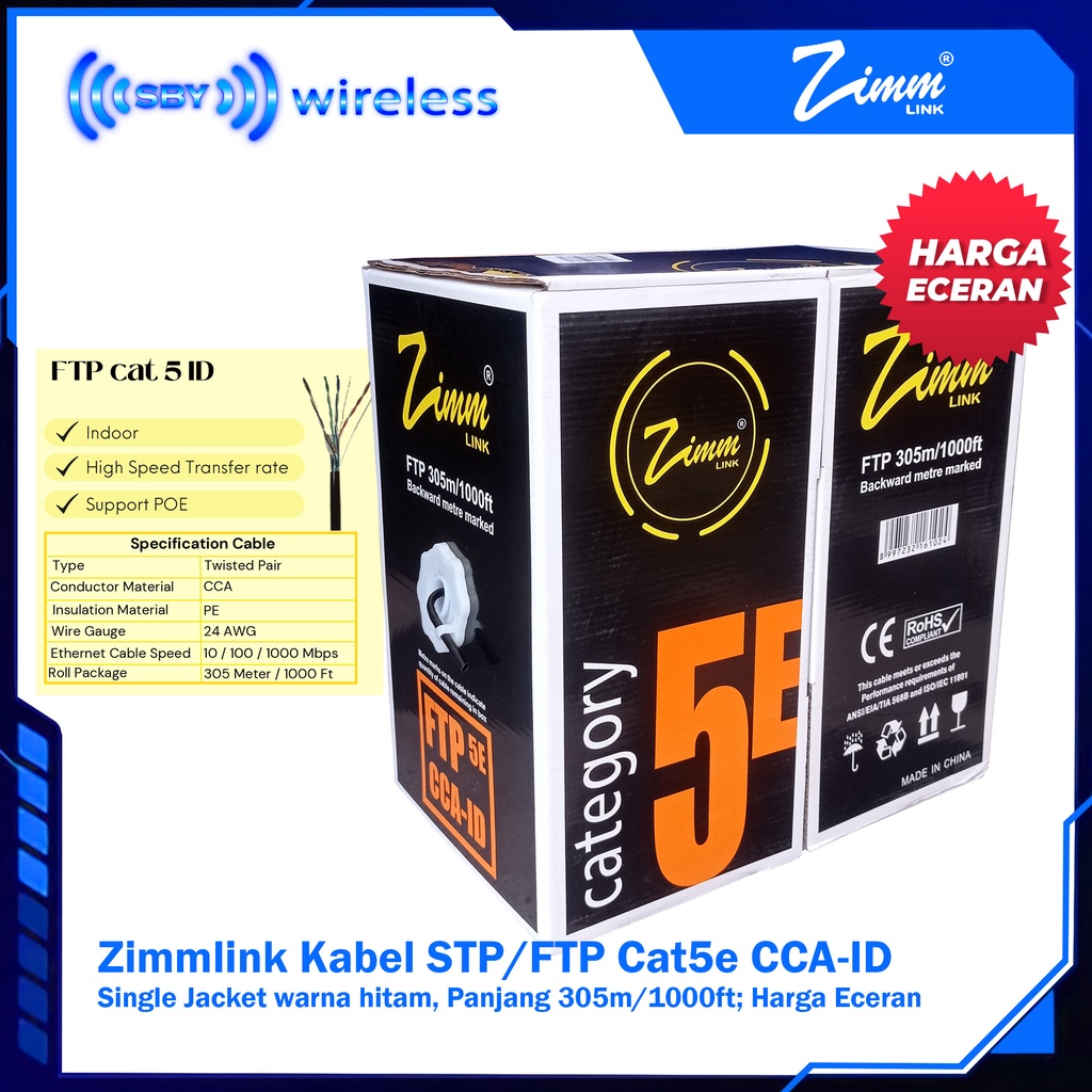 Kabel FTP / STP Cat5e Zimmlink CCA ID - Single JAcket - warna Hitam Zimm Link  ECERAN