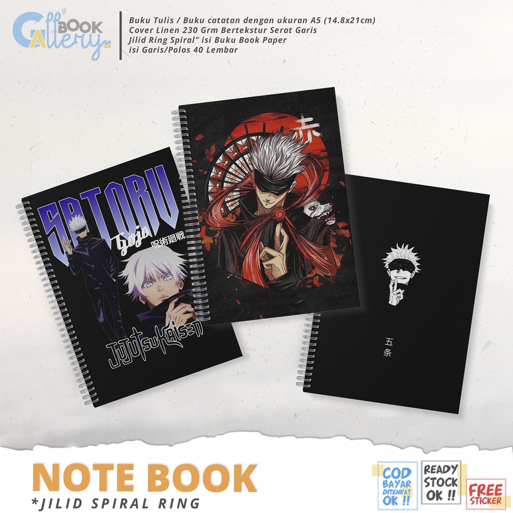 

[SP] Buku Tulis / Buku Catatan / Note book Anime Jujutsu Kaisen Satoru Gojo Jilid Ring Spiral Dengan isi Book Paper Garis/Polos 50 Lembar Free Poster dan Stiker Ukuran A5