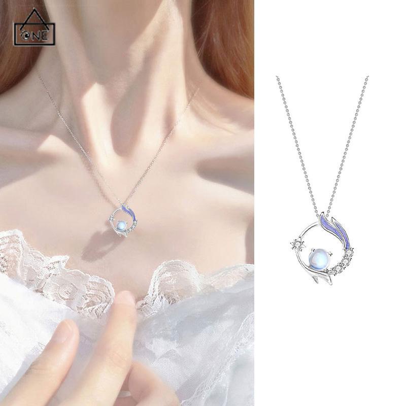 COD❤️Kalung Rantai Klavikula Liontin Moonstone Gaya Korea Silver Untuk Wanita Aksesoris Perhiasan-A.one