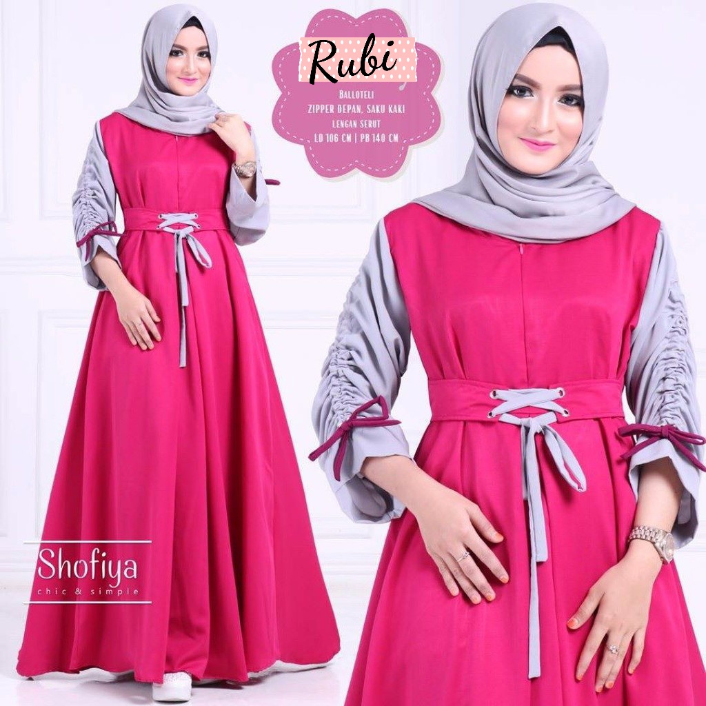 Rubi - Bisa COD Dress Gamis Baju Kondangan Busui Sleting Depan Tali Pinggang Pita Lengan Tangan Keru