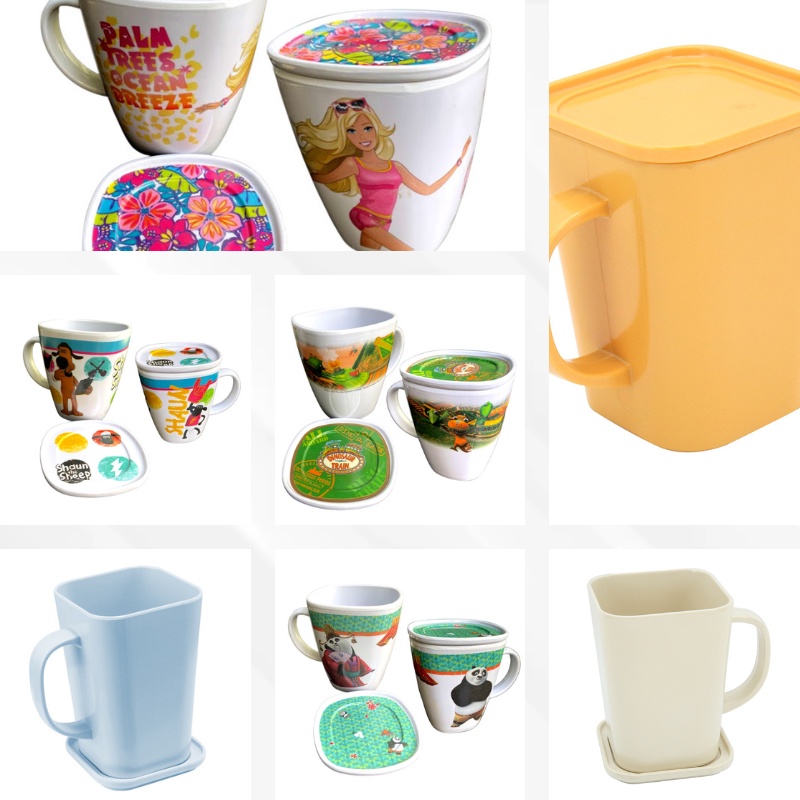 Gelas - Cangkir Mug Kotak Bahan Melamin + Tutup 320 ML - 340 ML - Polos - Motif Karakter - Printing