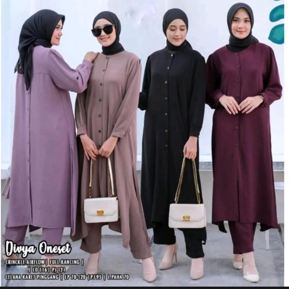 3.3 MALL Stelan Long Tunik Cringkle Kemeja Kancing Depan Belakang || ONE SET LONG TUNIK CRINKLE DIVY