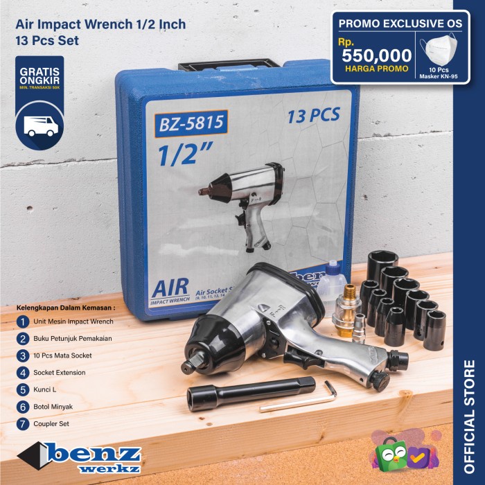 Mesin Kunci Pas Angin 1/2" Kits Set / Air Impact Wrench By Benz