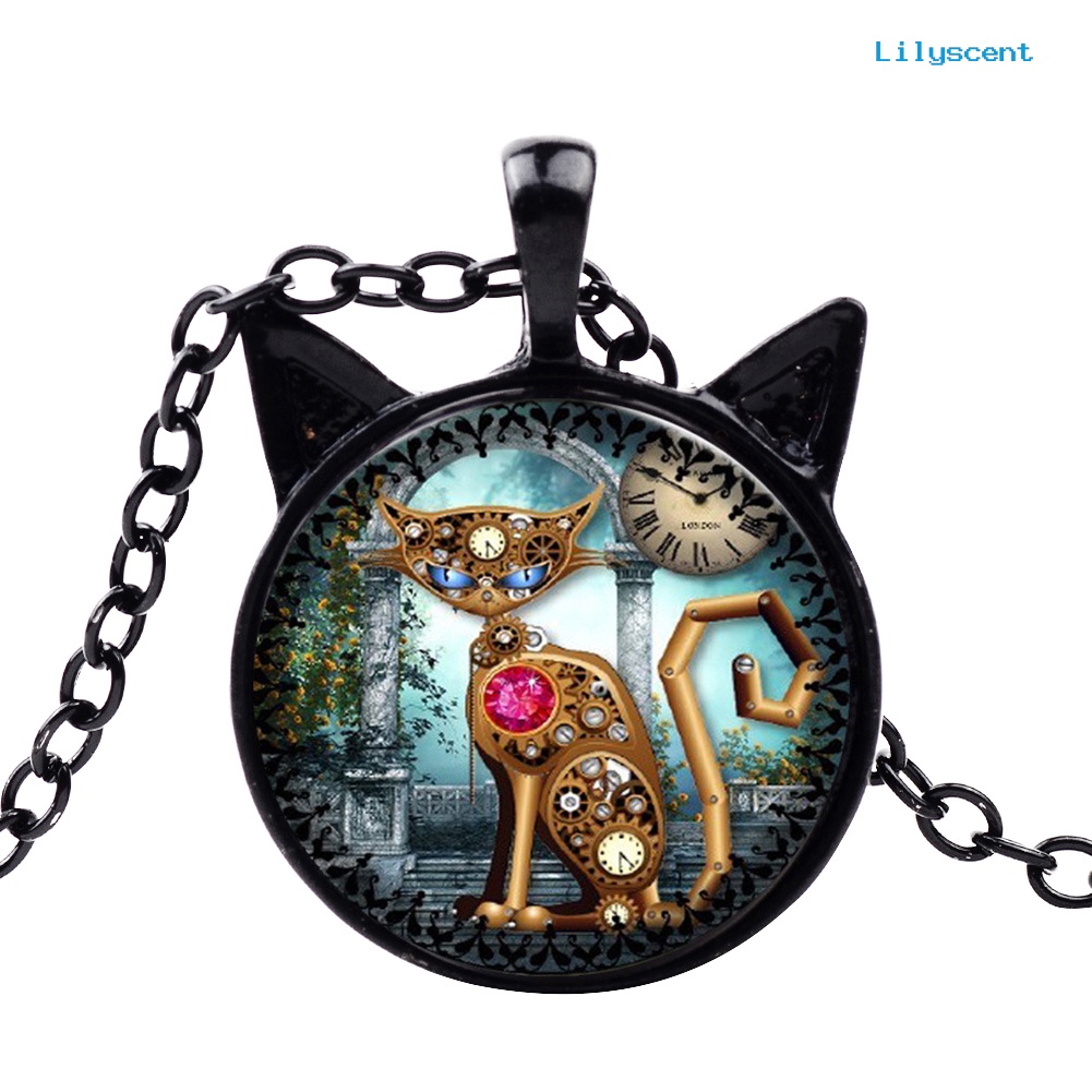 [LS] Unisex Kucing Kaca Cabochon Liontin Vintage Perhiasan Rantai Kalung Hadiah