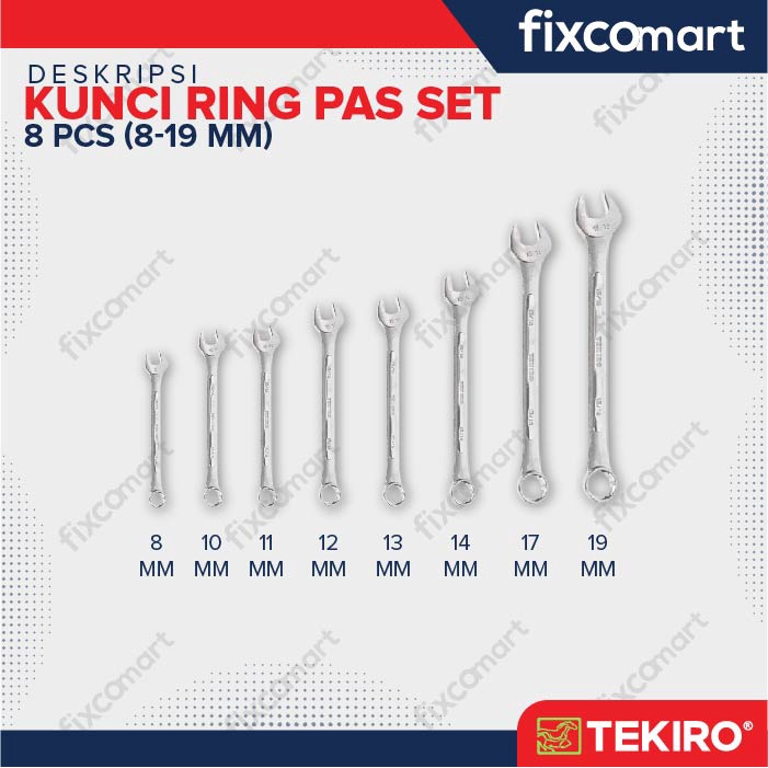 Tekiro Combination Wrench Set / Kunci Ring Pas Set 8 Pcs (8-19 Mm)