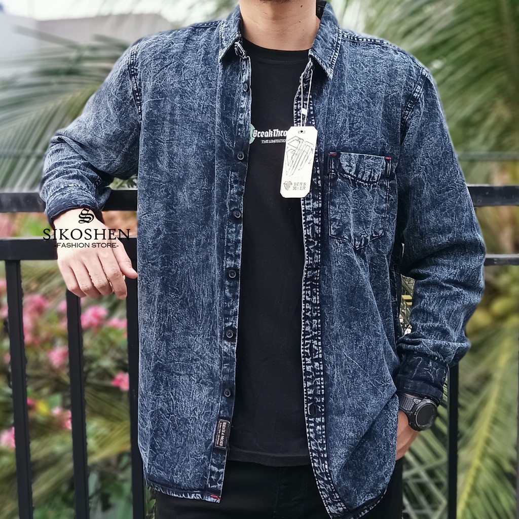 Kemeja Denim Jeans Lengan Panjang Kemeja Panjang Denim Washing Pria