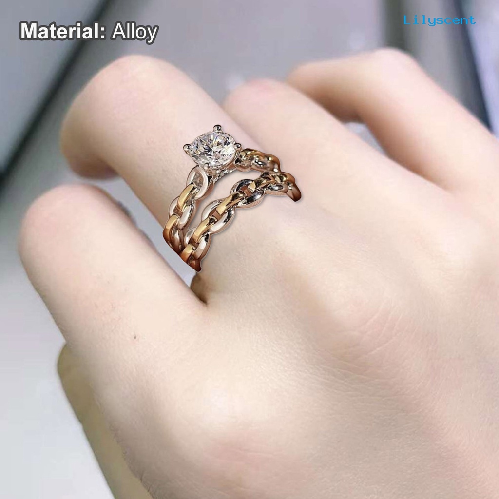 [LS]2Pcs /Set Rantai Permukaan Halus Pernikahan Band Alloy Two-tone Berlian Imitasi Wanita Rings Charm Jewelry