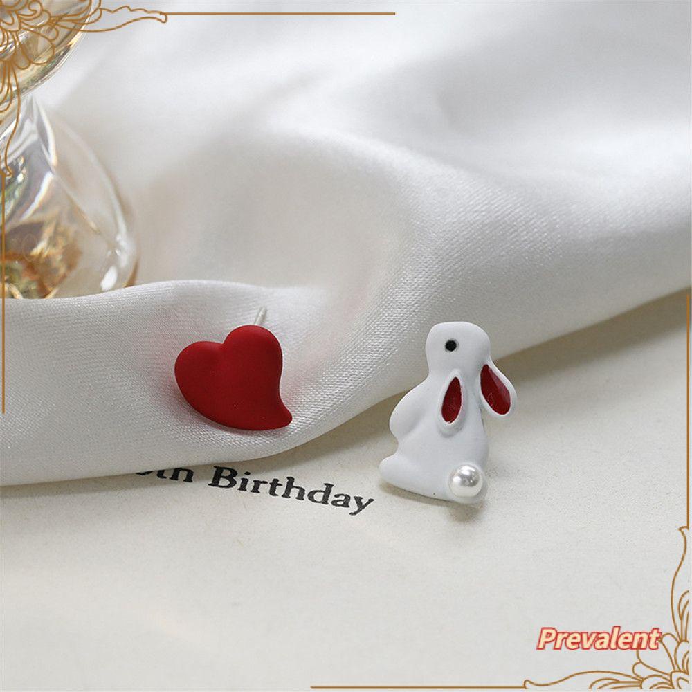 Preva Anting Kelinci Anting Perhiasan Asimetri Vintage Merah Hati