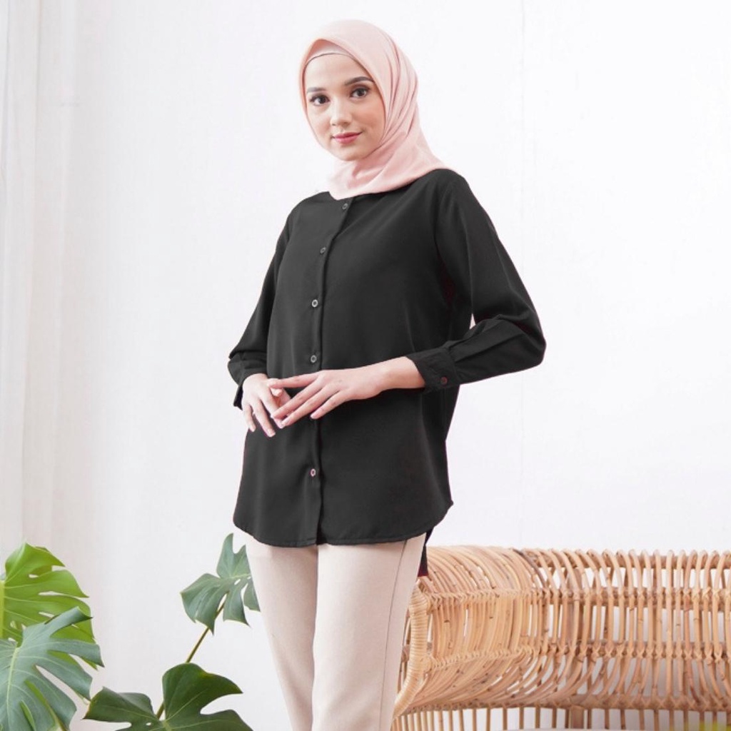 BAJU KEMEJA WANITA POLOS CASUAL HITAM LENGAN PANJANG ANTI KUSUT AIRFLOW