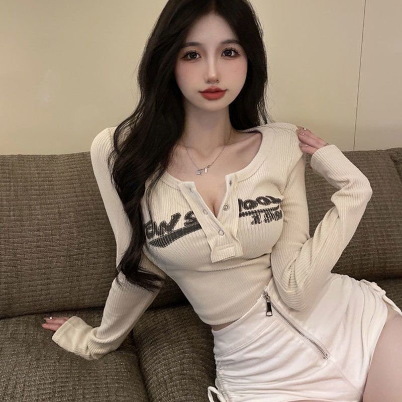 ☽☍♚Suhao American Retro Hot Girl Lengan Panjang T-shirt Wanita 2022 Musim Semi dan Musim Gugur Budidaya Diri Desain Pendek Manis dan Pedas Irregular Top