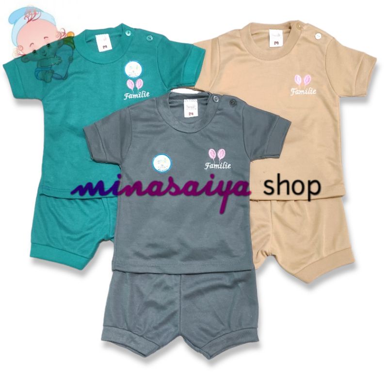 FAMILIE Setelan Bayi Lengan Pendek Kancing Pundak Polos Warna Uk. M dan L