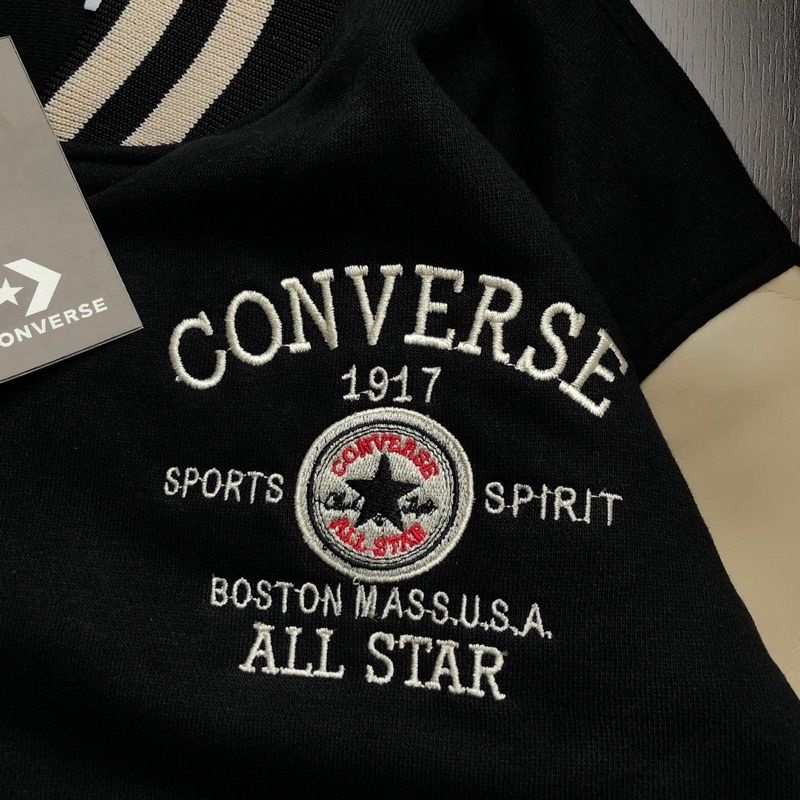 VARSITY LEATHER JACKET - CONVERSE ALL STAR CONS HITAM COMBY CREAM FULLTAG &amp; LABEL