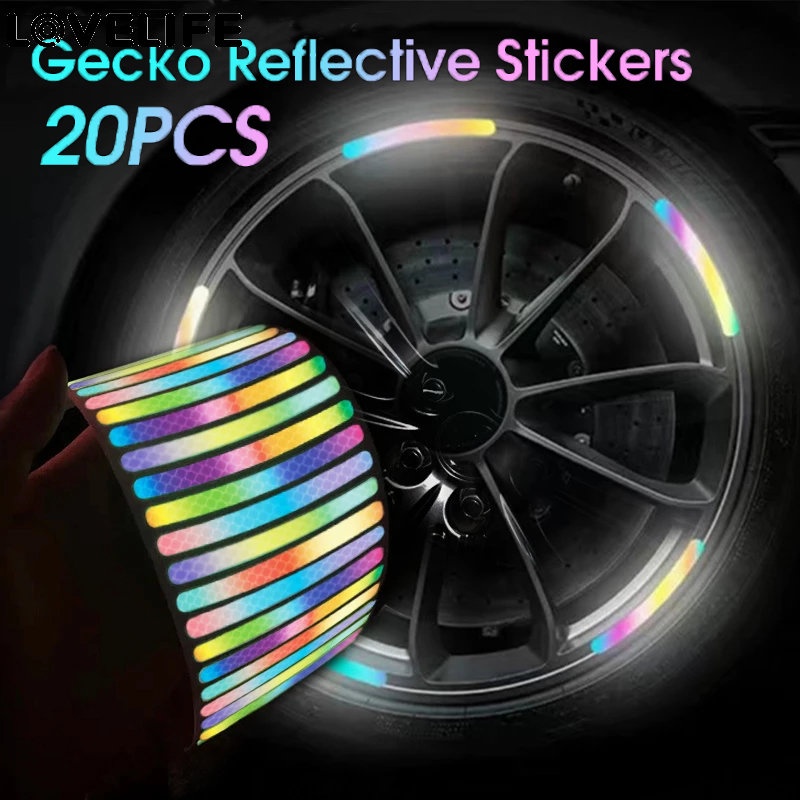 20 Pcs Universal Peringatan Keselamatan Tinggi Reflektif Tape Roda Stiker Hub Mobil Reflektif Stiker Bercahaya Rim Stripe Tape Pelangi Strip Reflektif Mobil Auto Moto Dekorasi Aksesori