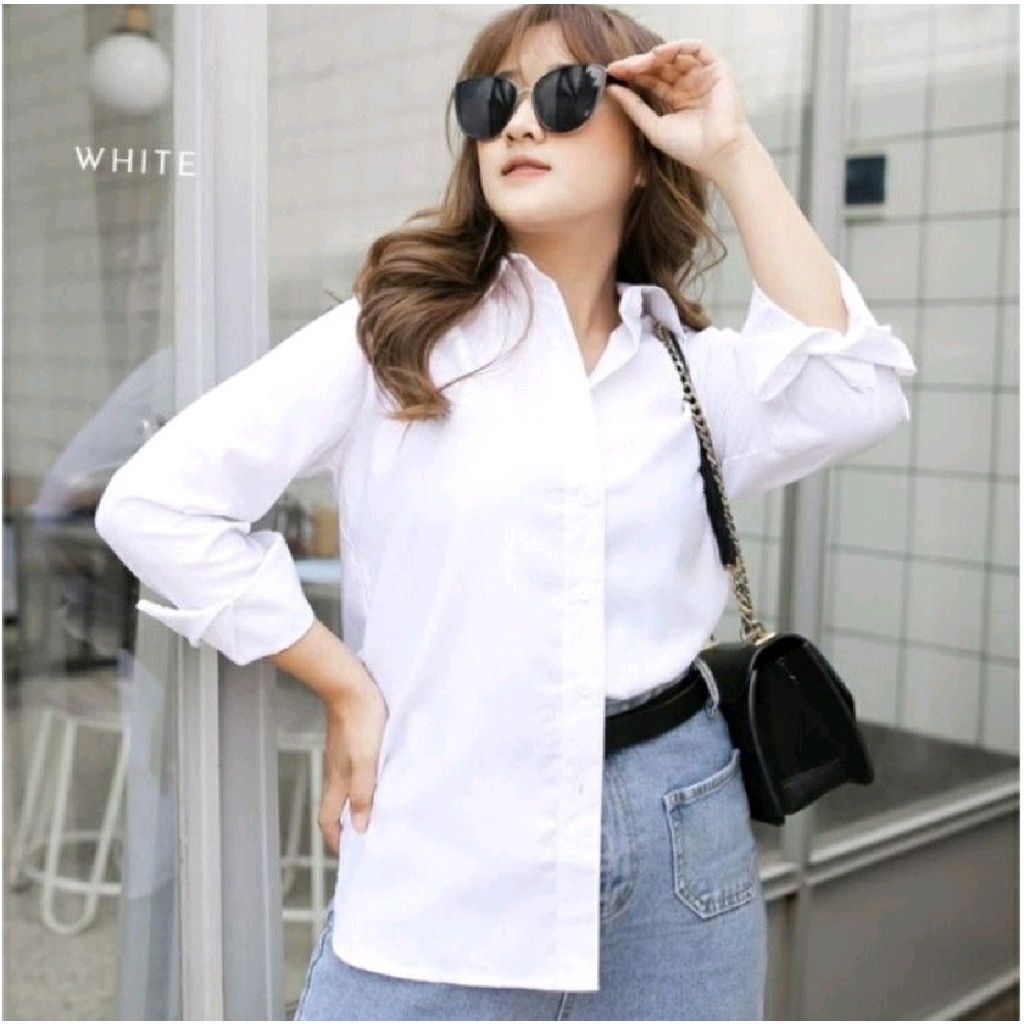 Kemeja wanita oversize Olivia Shirt Kemeja Putih Polos Jumbo Lengan Panjang Uk XL Atasan Kemeja Kerja Blouse