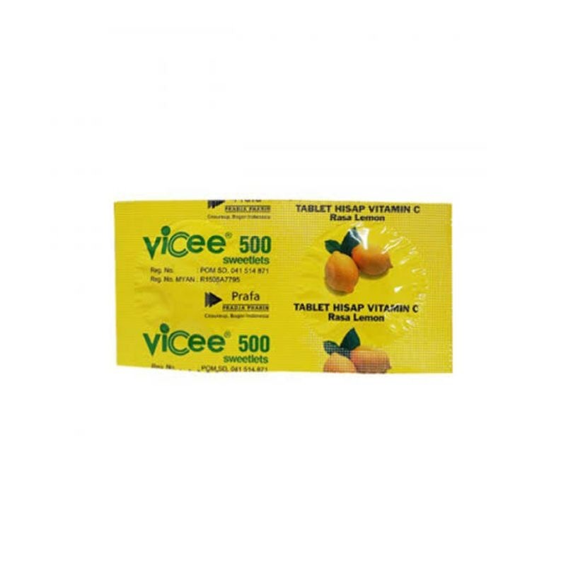 Vicee Vitamin C 500mg. Tablet hisap rasa lemon, jeruk, anggur atau Strawberry 1STRIP 2 TAB