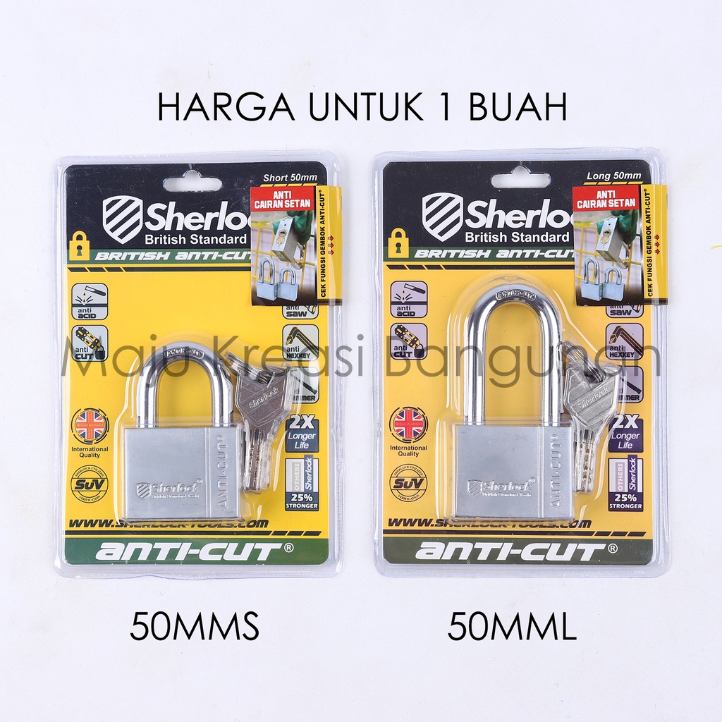 Gembok Sherlock Anti Cut Kuningan Brass 50mm Panjang Pendek Pagar Rumah Ruko Sherlock 50 mm Cairan Setan Screwdriver Hex Key Drill Hammer Saw Bor Gergaji Palu