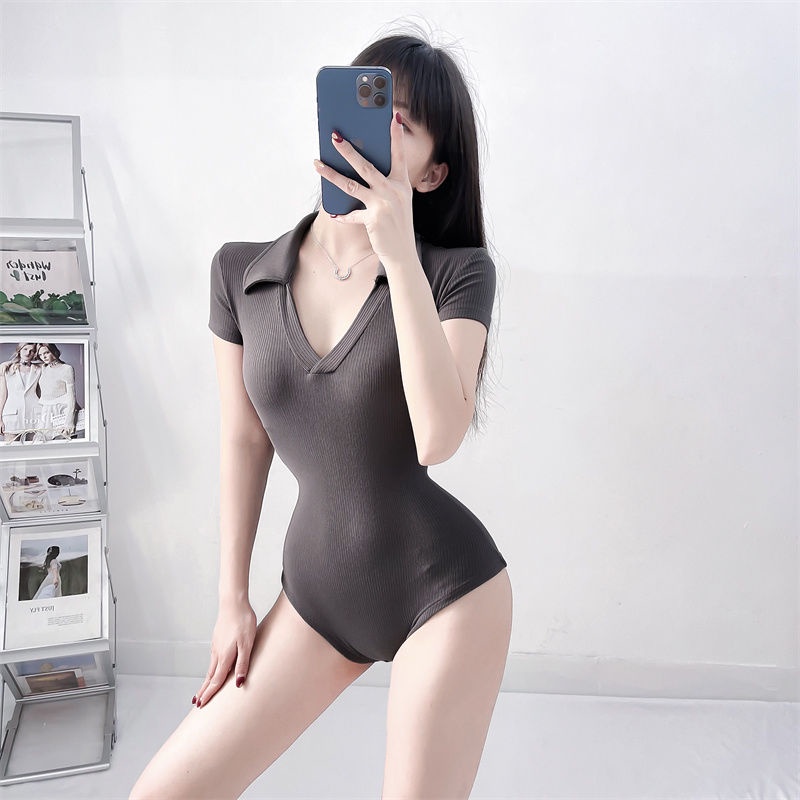 ∈Suhao hot tide dengan wanita ins tide 2022 gaya asing baru kemeja kerah slim fit slim lengan pendek jumpsuit T-shirt top