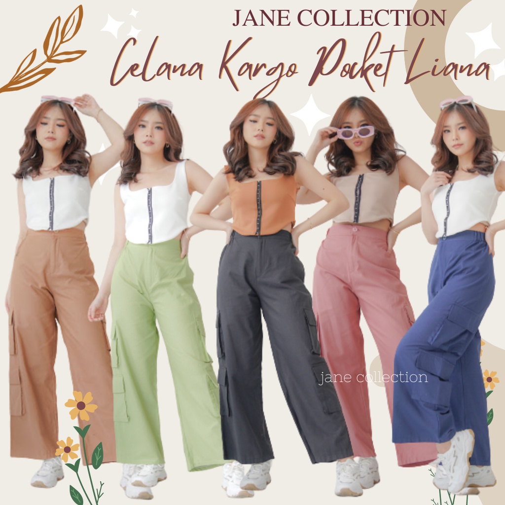 JANE COLLECTION || Celana Panjang Kain Hitam Perempuan Kulot Katun Kantong Pinggang Karet Cewek Coklat Celana Kargo Pocket Liana