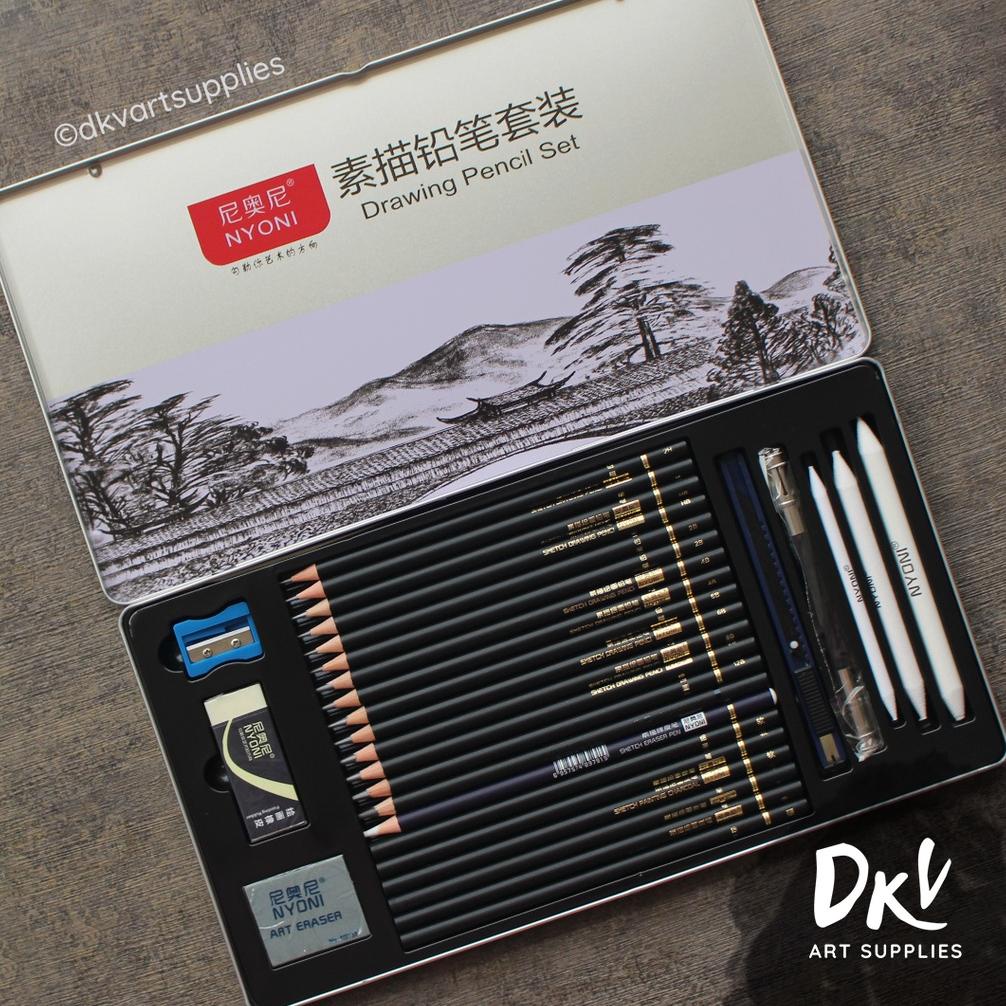 

NYONI SKETCH DRAWING PENCIL / PENSIL GRAFIT CHARCOAL ARANG 29 PCS SET TIN CASE TERLARISS...,,,,,