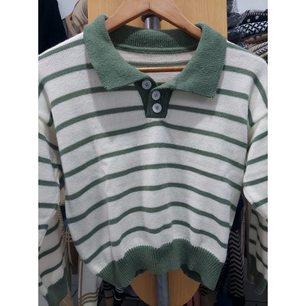 INEZ Top Knit rajut Stripe Blouse Polo