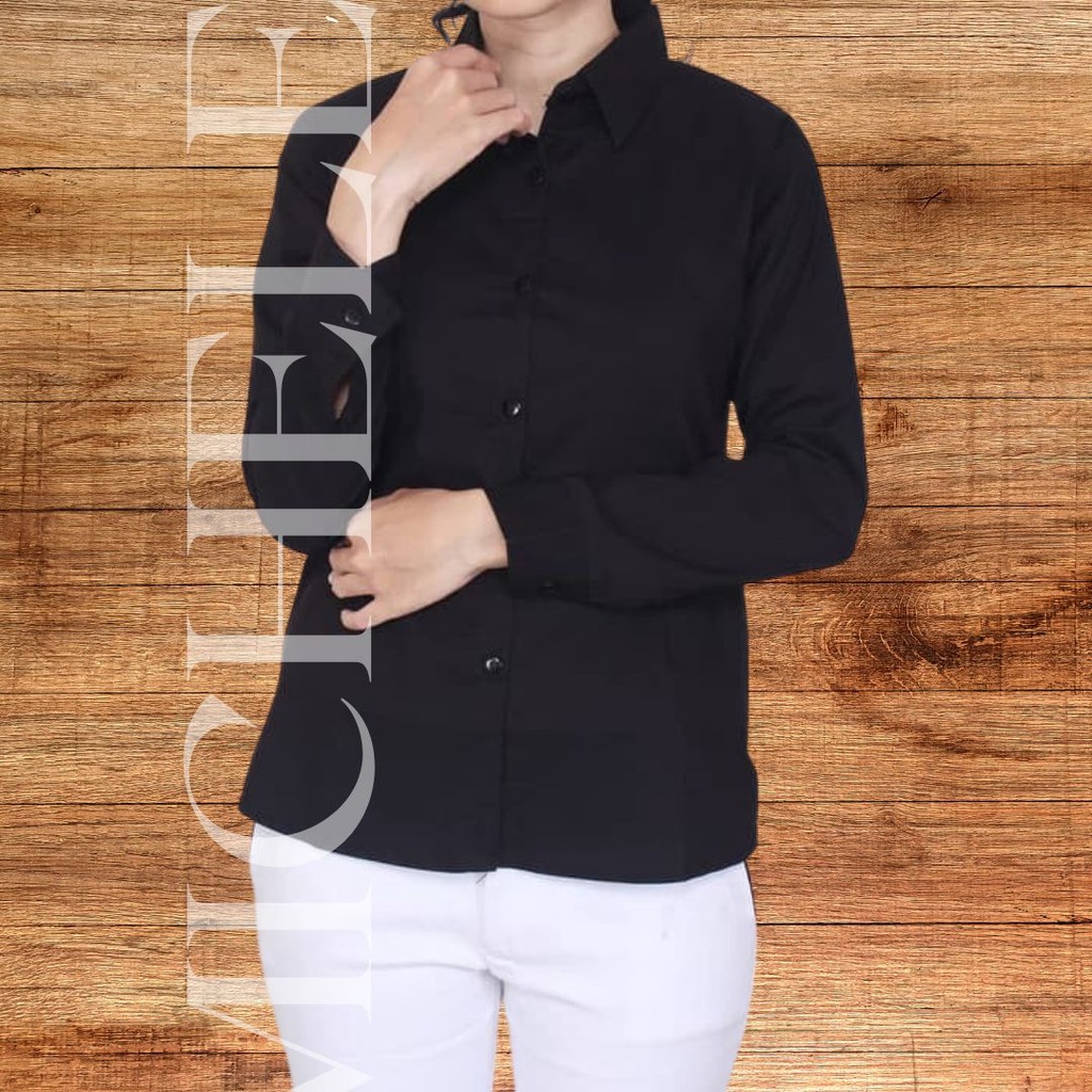PROMO Kemeja Hitam Polos Wanita Atasan Hem Blouse Hitam Pekat Kerja Casual Wanita Bahan Katun Premium Termurah Terlaris  Tidak Nerawang