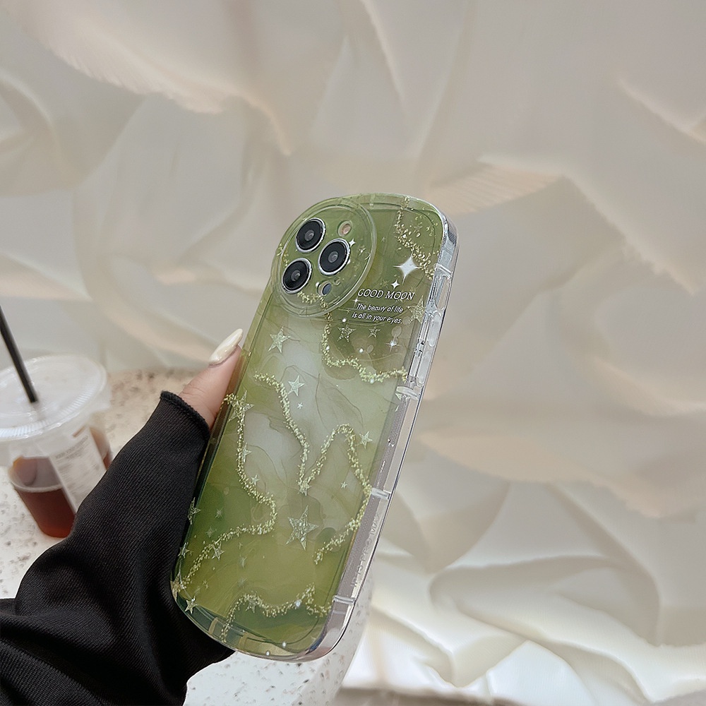 Case Pelindung Ponsel Galaxy Peri Hijau Glitter Transparan Untuk Iphone 11 12 13 14 PLUS PRO MAX Full Protection Shell
