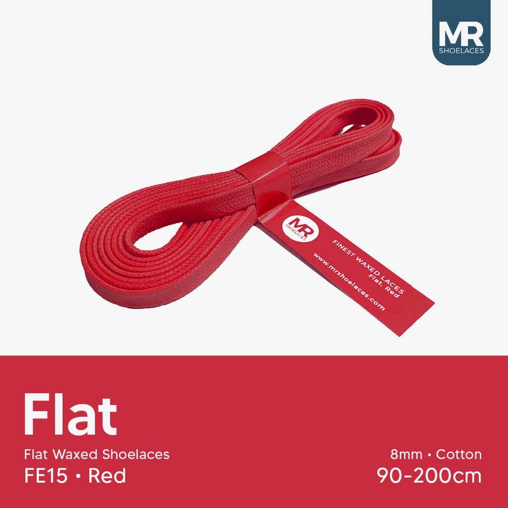 Original MR Shoelaces FE15 Red (Merah) - Tali Sepatu Lilin 8mm Gepeng Flat Pipih (Waxed Laces) 90cm 100cm 120cm 150cm 200cm - untuk Sneakers - Premium Shoelace Premium Shoelaces