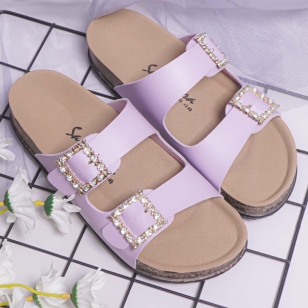 SARASARA YUK - KIMMY Sandal Wanita Slop Casual Size 36 - 41 Model Birken Sol Puyuh Sara Sara Sendal Cewek Kulit Santai Rumahan Strap Gesper dua Kristal Blink Empuk 37 38 39 40 Warna Lilac Ungu Soft Selop Anti Slip Original Shoes ORI Mall Official Store