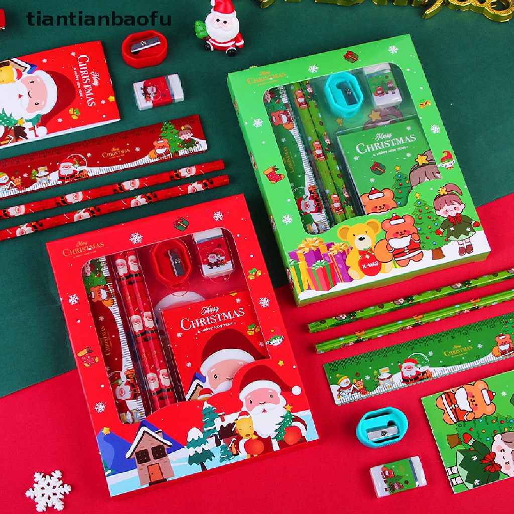 6pcs / Set Pensil + Penghapus + Penggaris + Serutan + Rautan + Rautan Motif Natal Untuk Stationery Anak / Sekolah / Kantor