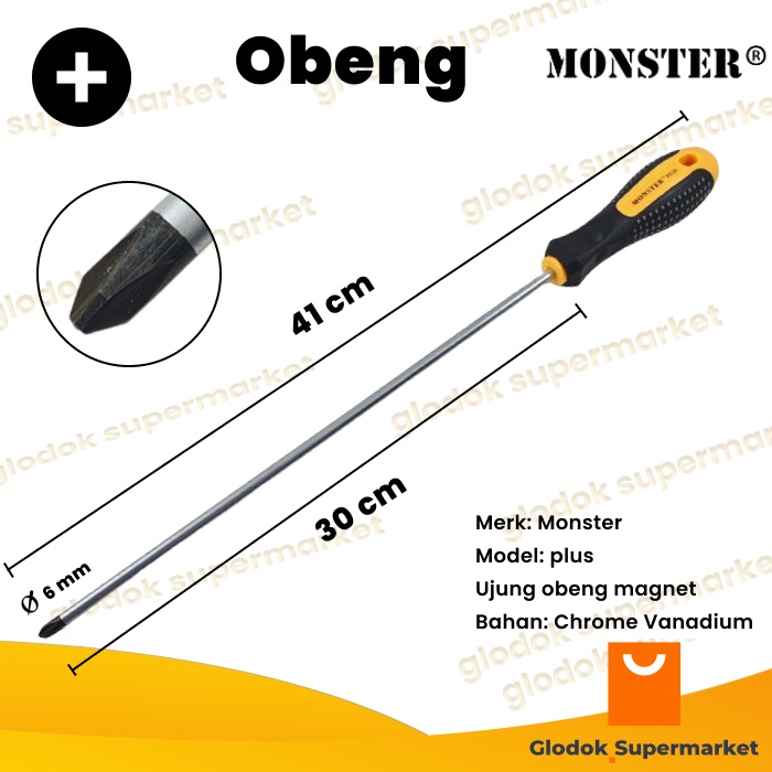 Obeng Plus 12 inch Monster Diameter 6mm Panjang Besi 30cm Gagang Karet Magnet