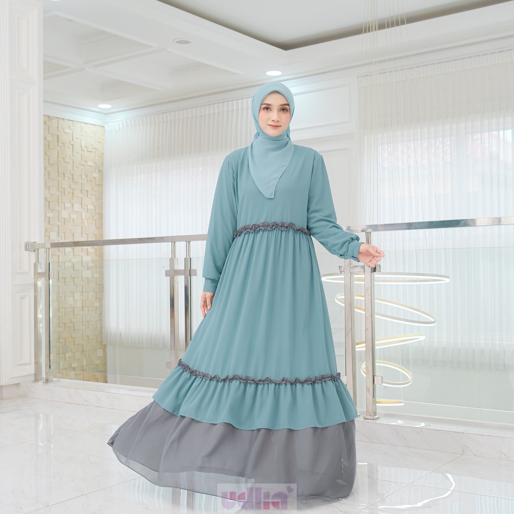 Udlia Gamis Wanita Terbaru Kekinian Pesta Lebaran 2025 Cerutty Nastya Wardah Kombinasi Abu  S M L XL