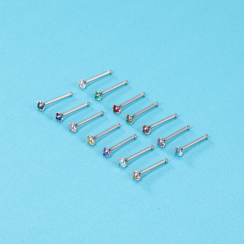 14pcs Tindik Hidung Kristal Bentuk L Stainless Steel Nose Stud Set Multicolor Penahan Tulang Hidung Telinga Hidung Piercing